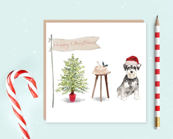SCHNAUZER DOG CHRISTMAS CARD WITH HAT WITH FESTIVE SCENE COMPLETE WITH ENVELOPE