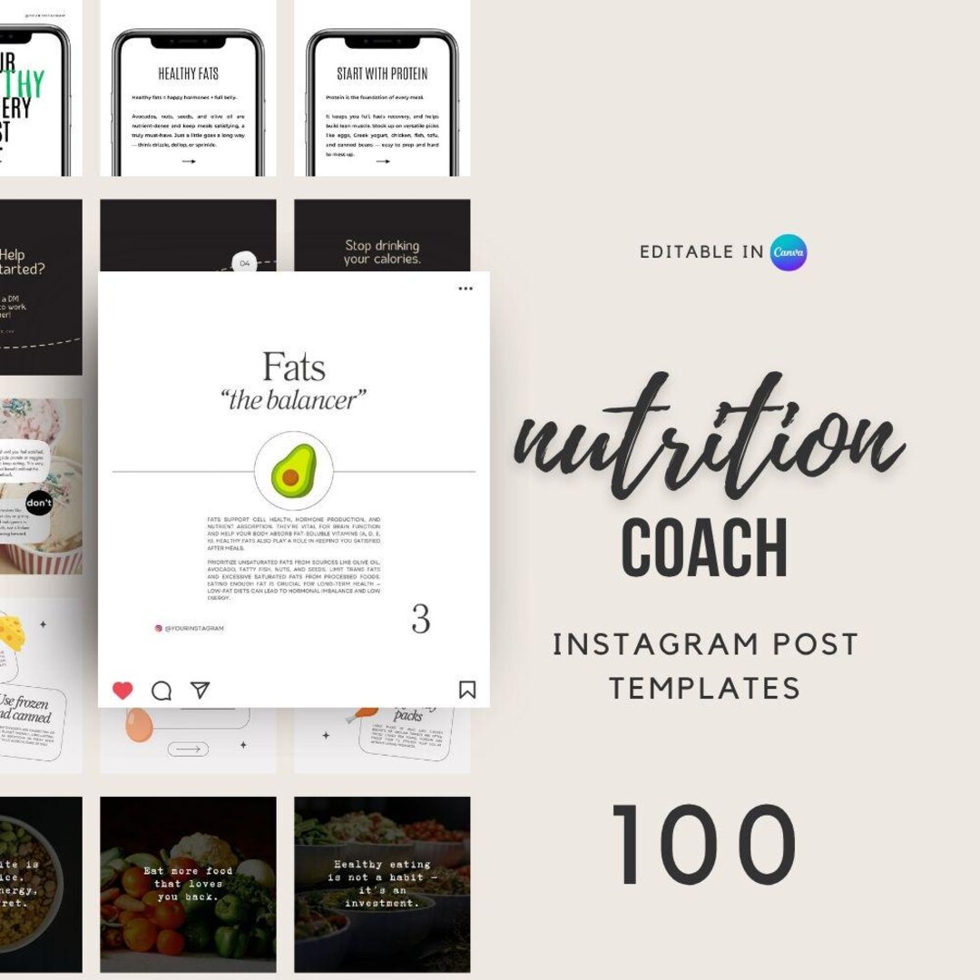 100 Nutrition Coach Instagram Templates | Editable Canva Wellness Posts ...