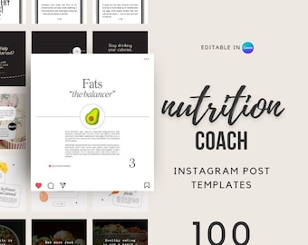 100 plantillas de Instagram para entrenadores de nutrición / Publicaciones de bienestar editables en Canva (descarga digital)