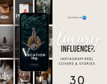 Könnte beinhalten: Eine Sammlung von Instagram-Reel-Covern und -Stories mit Luxus-Thema. Das Bild zeigt ein Smartphone, das einen Urlaubs-Vlog anzeigt, umgeben von anderen ästhetischen Bildern. Der Text enthält "Luxury Influence?" und "30".
