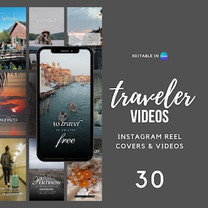 May include: A collection of 30 Instagram reel covers and videos with a travel theme. The image features a smartphone displaying a scenic canal view, surrounded by other travel-related images and text that reads "traveler videos".