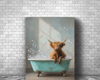 Highland Cow Bubble Bath Canvas Print, Whimsical Farmhouse Bathroom Art