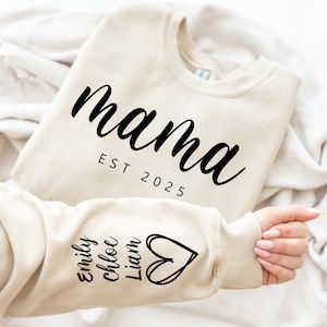 Custom Mama Sweatshirt: Personalized Kids Names & Heart Design Est 2025
