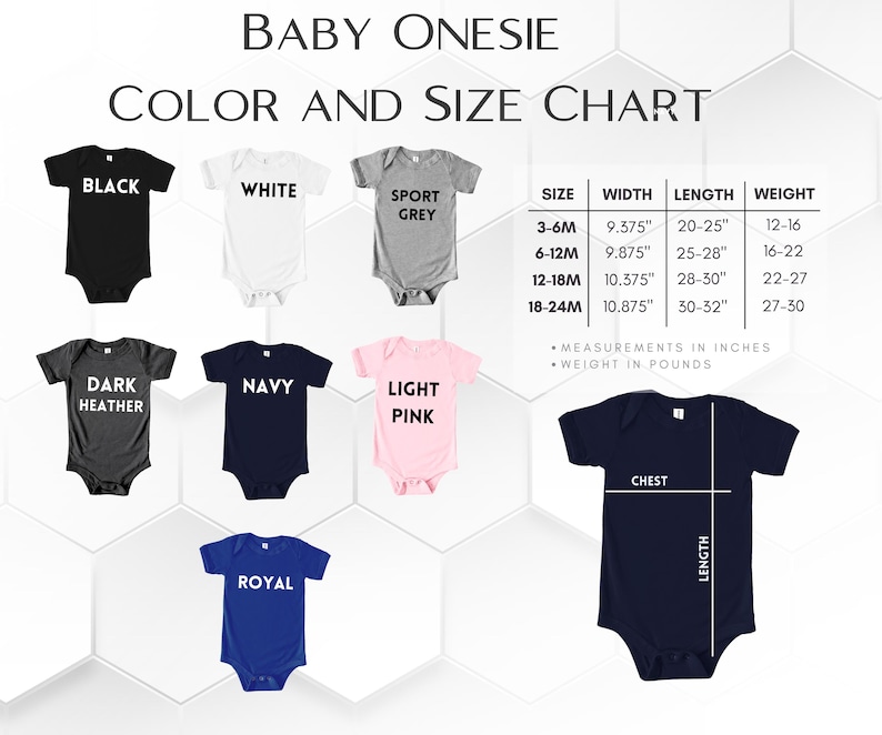 May include: A color and size chart for baby onesies. The chart displays onesies in black, white, sport grey, dark heather, navy, light pink, and royal blue. Measurements are in inches and weight in pounds. The chart includes chest and length measurements.