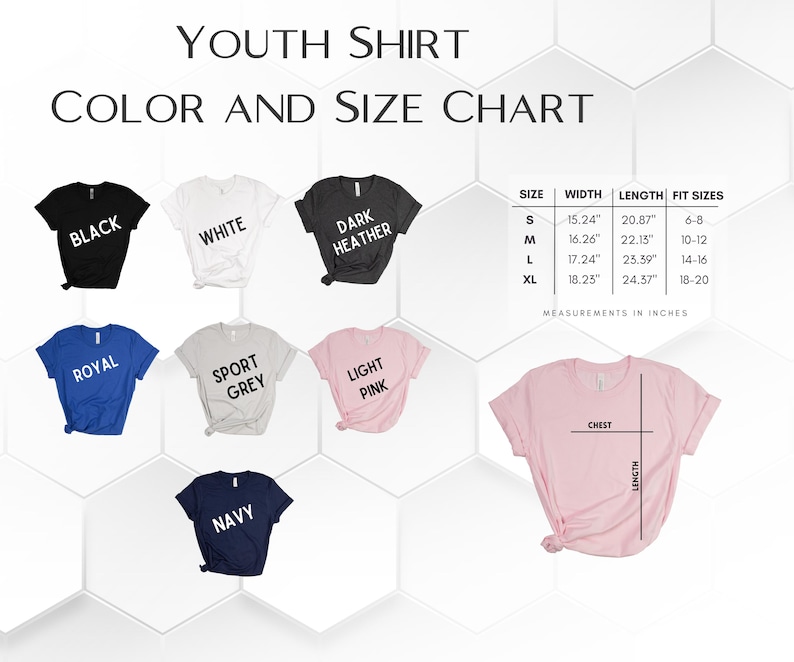 May include: A color and size chart for youth shirts. The chart displays various shirt colors, including black, white, dark heather, royal blue, sport grey, light pink, and navy. Measurements are in inches, with sizes ranging from S to XL.