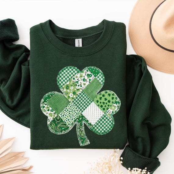 Faux Patchwork Shamrock Sweatshirt: Cozy Saint Patricks Day Crewneck