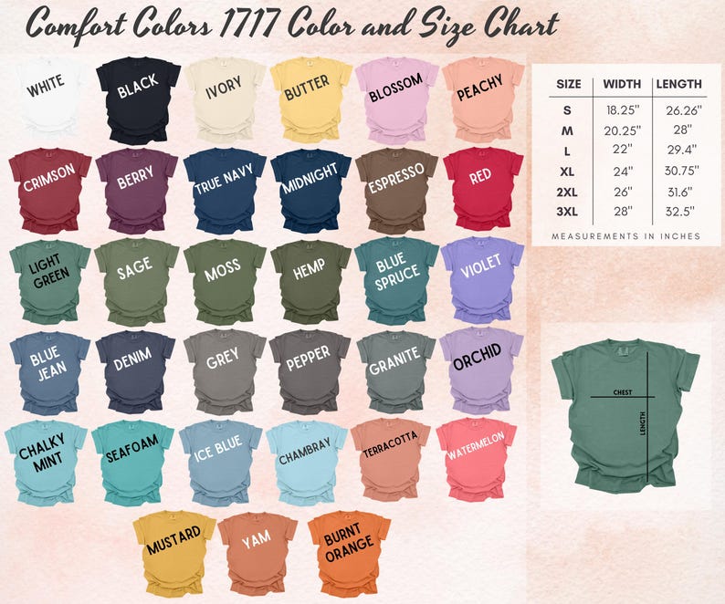 Pode incluir: Uma tabela de cores e tamanhos Comfort Colors 1717 com trinta e uma amostras de cores de camisetas com etiquetas como White, Black e Mustard. Uma tabela lista os tamanhos S a 3XL com medidas de largura e comprimento em polegadas e um diagrama.