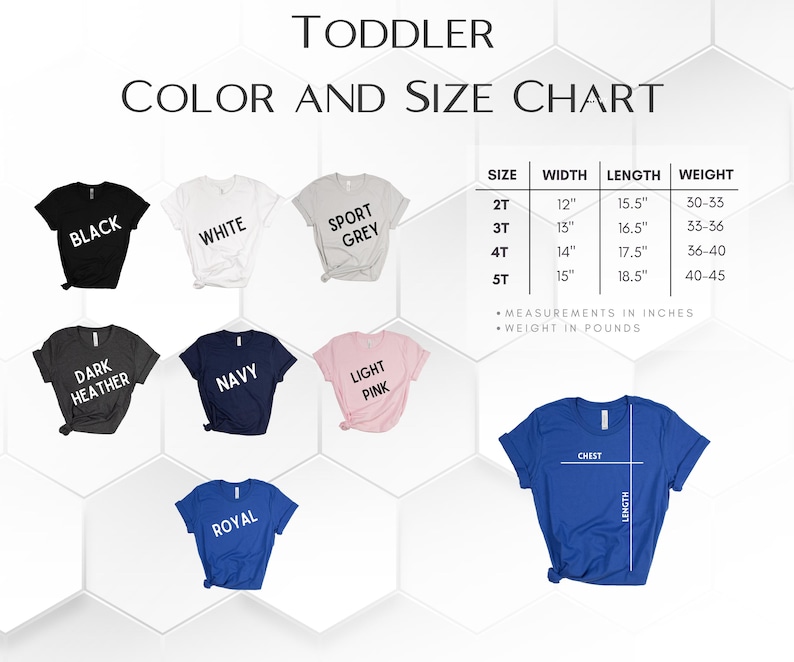 May include: A color and size chart for toddler t-shirts. The chart displays various t-shirt colors, including black, white, sport grey, dark heather, navy, light pink, and royal blue. Measurements are in inches and weight in pounds.