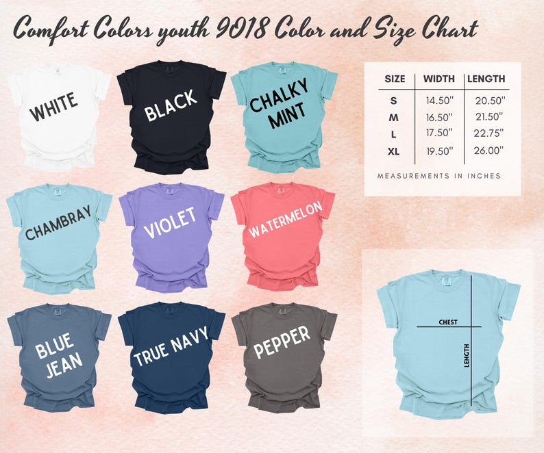Pode incluir: Tabela de cores e tamanhos Comfort Colors youth 9018 com nove camisetas em branco, preto, menta, chambray, violeta, melancia, azul jeans, marinho e pimenta. Inclui uma tabela de tamanhos com largura e comprimento em polegadas para S a XL.