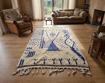 White Moroccan Rug – Hand Knotted High Pile Wool Berber with Blue Geometric Pattern