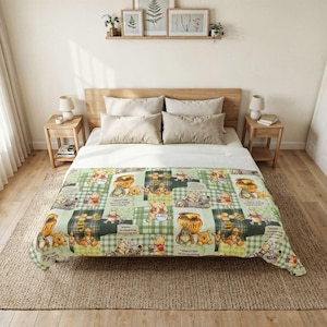 May include: A Winnie the Pooh themed quilt featuring a patchwork design with images of Pooh, Piglet, and Eeyore. The quilt has a green and white checkered pattern with text boxes. The quilt is on a bed with beige pillows and a wooden headboard.