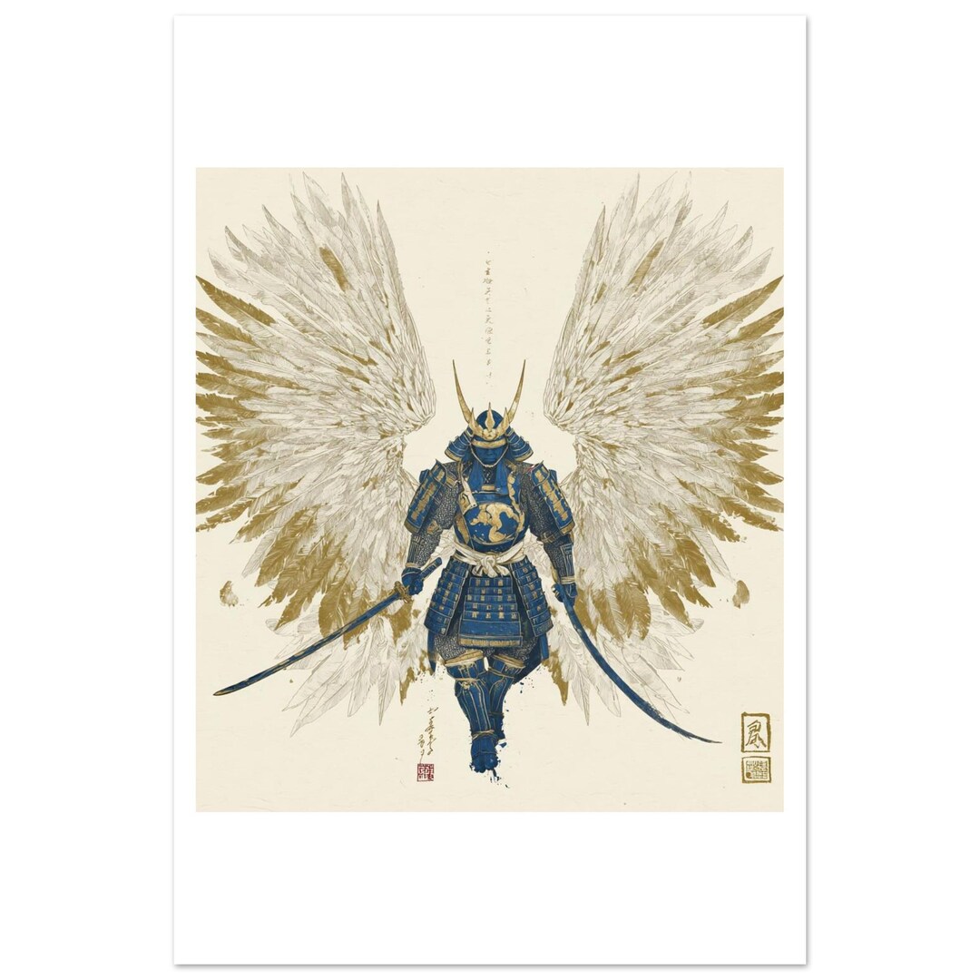 Samurai & Angel Wings Poster – Modern Art Blend of Eastern and Western ...