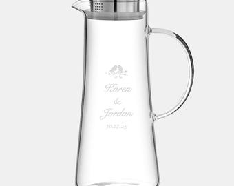 Personalized Love Birds JoyJolt Breeze Glass Drink Water Pitcher with Stainless Steel Lid, 46oz