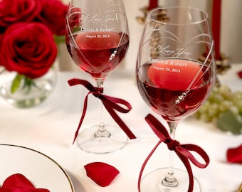 Personalized I Love You Diamante Hearts Red Wine Glass Pair, 15.9oz