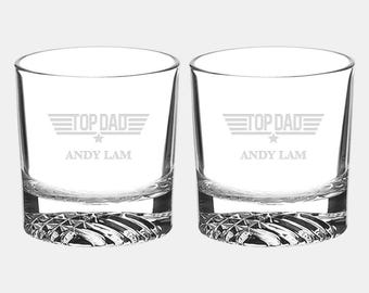 Personalized Top Dad Whiskey Glass Pair with Coasters & Stones, 9oz