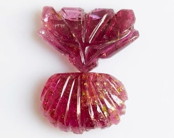 Natural Rubellite Tourmaline Carving Pair, Hand Carved Pink, Loose Carved Gemstones for Earrings, Jewelry Supply