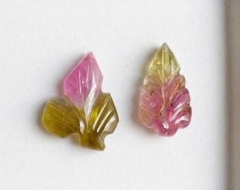 Natural Watermelon Tourmaline Leaf Carving, Bi-Color Tourmaline Carved Flower Leaf, Hand Carved Loose Gemstone Pair for Jewelry Making,