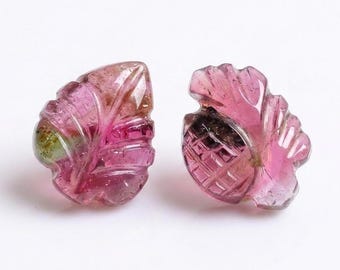 Natural Pink Tourmaline Leaf Carving Pair, Hand Carved Tourmaline Leaves, Loose Gemstone for Earrings, Jewelry Making Supply