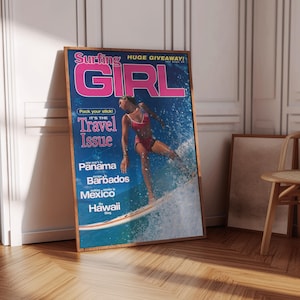 Surfing Girl Magazine Cover Retro Y2K Coastal Preppy Wall Art Beach Aesthetic Physical Poster Print for Teen Girl Bedroom Dorm Room Decor