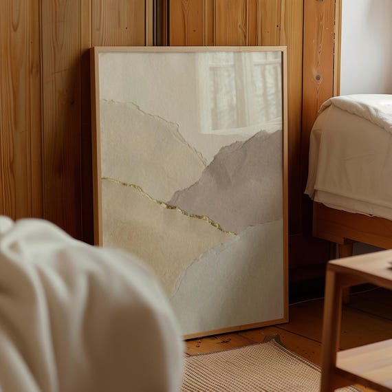 Torn Paper Abstract Wall Art, Beige and Cream Neutral Tones Poster, Kintsugi Gold Line Aesthetic Decor, Quiet Luxury Art for Living Room