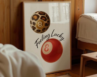Póster de Lucky Ball, estampado de leopardo, impresión de Lucky You, arte de bola 8, decoración de juegos vintage, impresión de billar divertido, arte retro de carrito de bar, arte genial