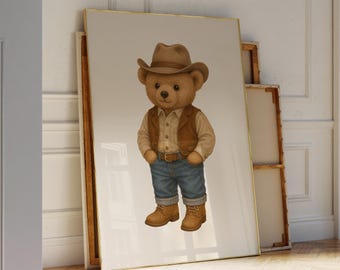 Cowboy Bear Poster, Classic Style Nursery Print (Digital Download)
