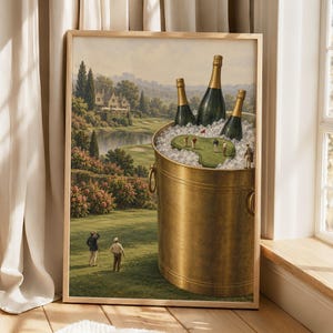 Champagne Golf Poster, Surreal Luxury Wall Art, Golf Club Decor, Elegant Party Print, Man Cave Gift, Office Statement Poster
