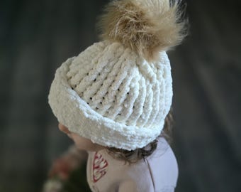 Women’s White Winter Fleece-Lined Chunky Knit Beanie Snow Hat Cap Winter Beanie Hat for Women with Pompom Warm Fleece Lined  main image 3