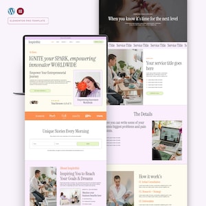 May include: A website template on a laptop screen, with a light orange and white design. The text says "IGNITE your SPARK, empowering innovator WORLDWIDE." The layout includes sections for services, details, and testimonials, with a modern aesthetic.