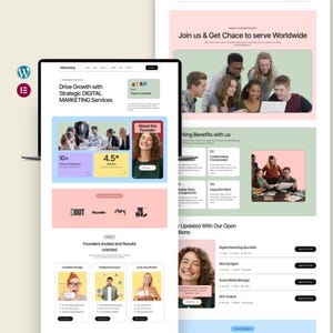 May include: A laptop and a webpage on a tablet display a website design for digital marketing services. The website features images of people, text, and graphics. The text includes "Drive Growth with Strategic DIGITAL MARKETING Services."