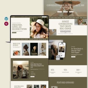 May include: A website design displayed on a laptop and a tablet, featuring a woman in a hat. The website's theme is wellness, with text that reads "Strengthen, Soften, and Reconnect Within." Additional text includes "Conversations for Growth, Clarity, and Confidence."