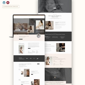May include: A digital mockup of a website design on a laptop screen, promoting a coaching business. The design uses a minimalist layout with images, text, and a neutral colour scheme. Text includes phrases such as "Unlock Your Potential" and "Coaching That Creates Real Results."
