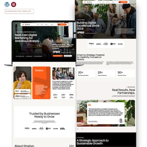Könnte beinhalten: Eine Elementor Pro Website-Vorlage für eine Digitalmarketing-Agentur, bestehend aus einem Laptop-Bildschirm mit der Startseite Strativo, Next-Gen Digital Marketing for Ambitious Brands, sowie einer vertikalen Ansicht mit Abschnitten für Kundenerfolge, Statistiken und Erfahrungsberichte.