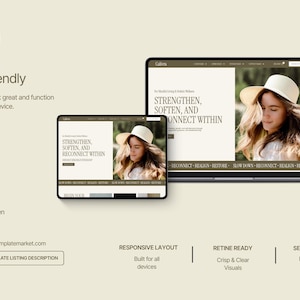 May include: A website design displayed on a laptop, tablet, and smartphone. The website features a woman wearing a hat, with the text "STRENGTHEN, SOFTEN, AND RECONNECT WITHIN." The design is described as fully responsive, with fast performance, and perfect on any screen.