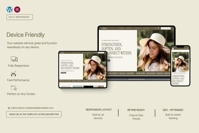 May include: A website design displayed on a laptop, tablet, and smartphone. The website features a woman wearing a hat, with the text "STRENGTHEN, SOFTEN, AND RECONNECT WITHIN." The design is described as fully responsive, with fast performance, and perfect on any screen.