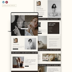 May include: A website design template with a minimalist aesthetic. The design features a laptop displaying the website layout, with sections for text, images, and navigation. The colour palette is neutral, with shades of white, beige, and black. The text includes the words "Clarity", "Calm", and "Growth".