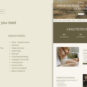 May include: A website template with a light beige background. The text "Everything you need is included" is displayed, followed by lists of main and bonus pages. The website also includes the text "SUPPORT FOR WHERE YOU ARE - AND WHERE YOU'RE GOING".