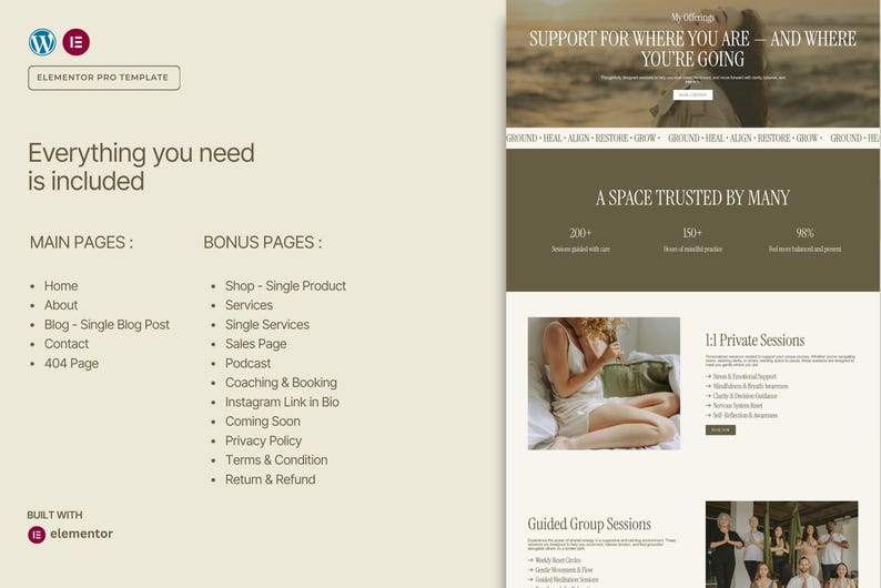 May include: A website template with a light beige background. The text "Everything you need is included" is displayed, followed by lists of main and bonus pages. The website also includes the text "SUPPORT FOR WHERE YOU ARE - AND WHERE YOU'RE GOING".