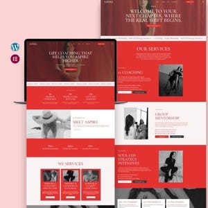 Può includere: Un design di sito web con una combinazione di colori rosso e bianco, che presenta servizi di life coaching. Lo schermo principale mostra il testo "LIFE COACHING THAT HELPS YOU ASPIRE HIGHER." Altri schermi mostrano "OUR SERVICES" e "WELCOME TO YOUR NEXT CHAPTER."