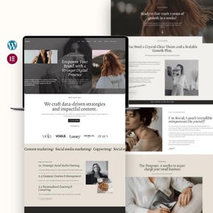 May include: A laptop screen displays a website design with the text "Empower Your Brand with a Stronger Digital Presence." Additional screens show marketing content and the text "We craft data-driven strategies and impactful content."