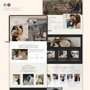 Peut inclure: Une maquette de site web présentant la photographie de mariage de luxe. La conception comprend des images de couples, du texte indiquant "Luxury Wedding Photography for Modern Love Stories" et une section intitulée "Wedding Photography Rooted in Real Moments and Refined Storytelling."