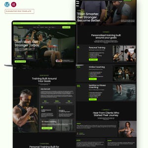 Könnte beinhalten: Eine digitale Website-Vorlage für ein Fitnessunternehmen mit einem dunklen Farbschema und neongrünen Akzenten. Das Layout enthält Abschnitte für Personal Training, Online-Coaching und Ernährungsberatung mit Bildern von trainierenden Personen.