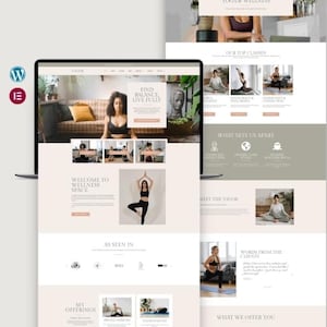 May include: A laptop and a webpage design for a yoga and wellness space. The webpage features images of yoga poses, text that reads "Find Balance, Live Fully", and the words "Welcome to Wellness Space".