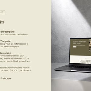 May include: A laptop displaying a website template with the text "Guidance That Meets You Where You Are" and "Choose a Time That Works For You!" The image also shows the Elementor Pro Template logo and instructions on how to use the template.