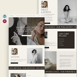 May include: A website design mockup with a minimalist aesthetic, featuring a light beige and white color scheme. The design includes sections with text, images of people, and the text "WHERE CLARITY MEETS CALM - A JOURNEY TO YOUR BEST SELF". The website's theme is focused on wellness.