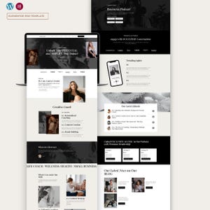 Könnte beinhalten: Ein Website-Template-Design in Schwarz und Weiß, das Inhalte für einen Business-Podcast und kreative Coaching-Dienste präsentiert. Das Design umfasst Abschnitte für Trendthemen und einen Blog. Der Text enthält "Unlock Your Potential" und "Amplify Your Impact."