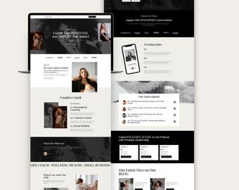 May include: A digital marketing website template with a black and white color scheme. The website design includes sections for a business podcast, trending topics, and a blog. The text on the website includes "Unlock Your Potential" and "Creative Coach."