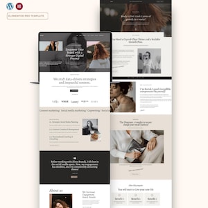 May include: A laptop screen showing a website design with a modern aesthetic. The website promotes content marketing, social media marketing, and copywriting services. The design includes images and text, with a focus on brand empowerment and digital presence.