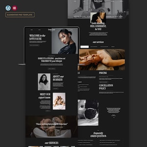 May include: A dark-themed website design for Lotus Luxe, a beauty salon, shown on a laptop and a desktop computer. The site showcases images of services, staff, and a model. Text includes "Welcome to the Lotus Luxe" and "Haircut & Styling - precision cut tailored to your lifestyle."