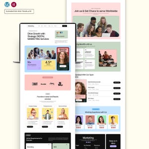 May include: A website design template with a marketing theme. The design features a laptop displaying a webpage with text like "Drive Growth with Strategic Digital Marketing Services." The design includes images of people and icons.